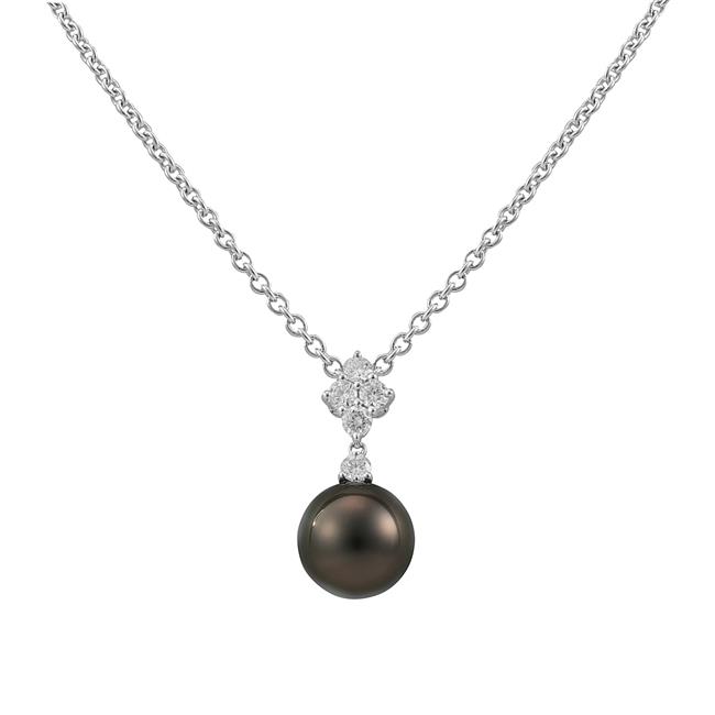 Mikimoto 18k White Gold Diamond Cluster Black South Sea Pearl Necklace
