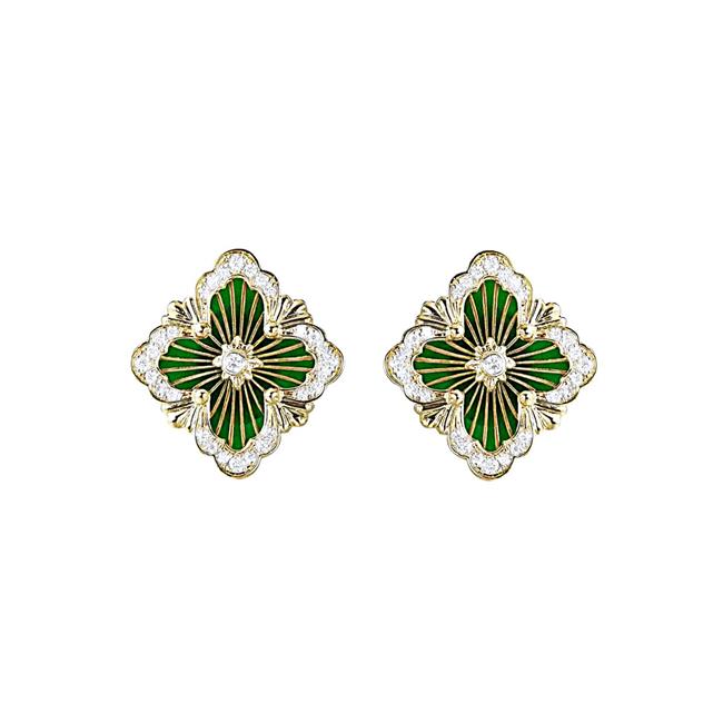 Buccellati Opera Tulle 18k Yellow Gold Diamond Green Enamel Button Earrings