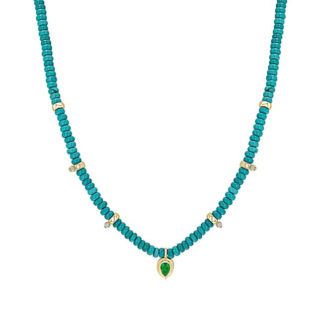 Zoe Chicco 14k Yellow Gold Turquoise Emerald and Diamond Necklace