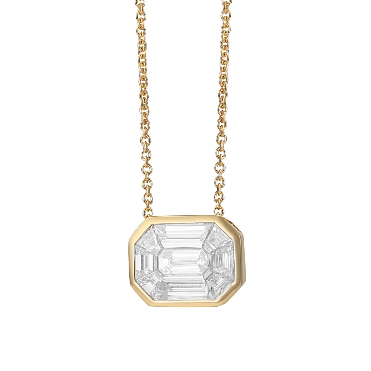 London Collection 18k Yellow Gold Bezel Set Mosaic Diamond Pendant Necklace