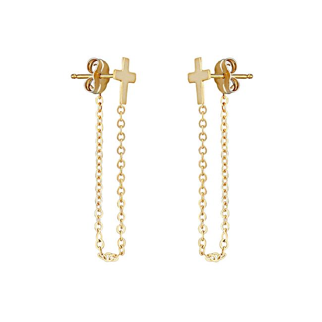 London Collection 14k Yellow Gold Cross and Chain Drop Earrings