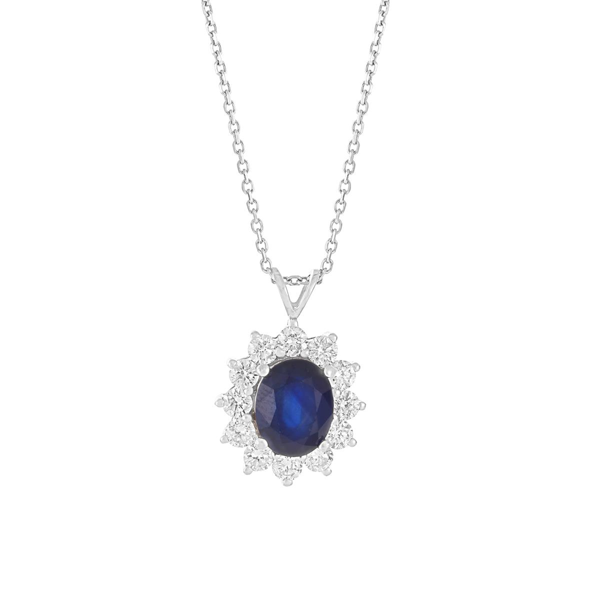 London Collection 14k Oval Blue Sapphire and Diamond Halo Necklace