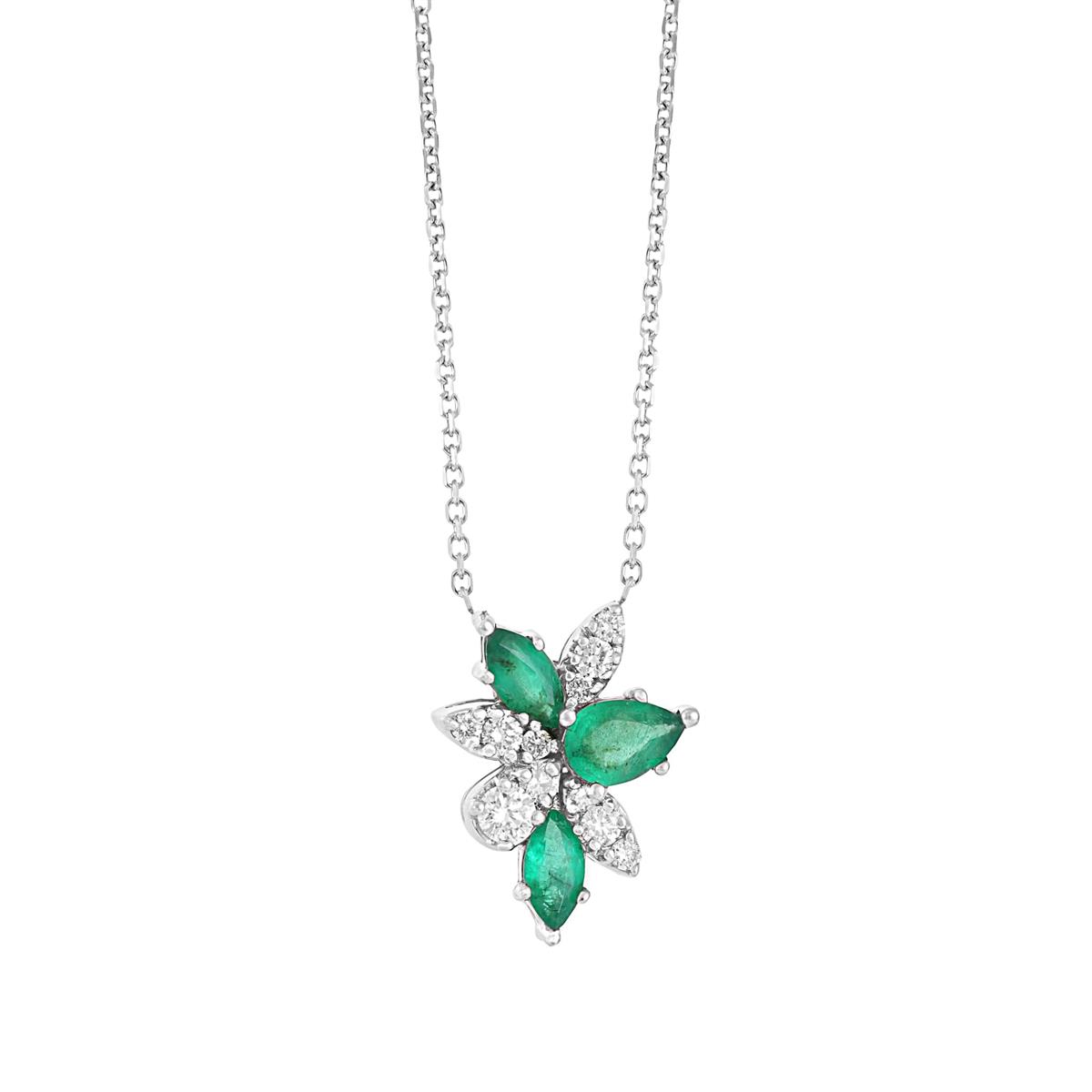 London Collection 14k Emerald and Diamond Cluster Flower Pendant Necklace