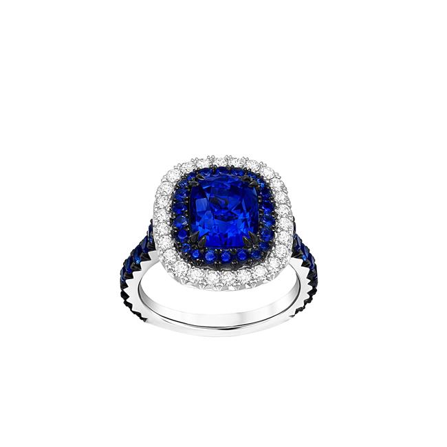 London Collection Platinum Blue Sapphire Diamond Double Halo Ring