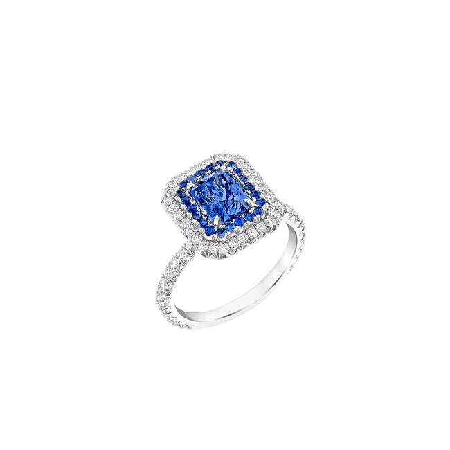 London Collection Platinum Blue Sapphire And Diamond Double Square Halo Ring