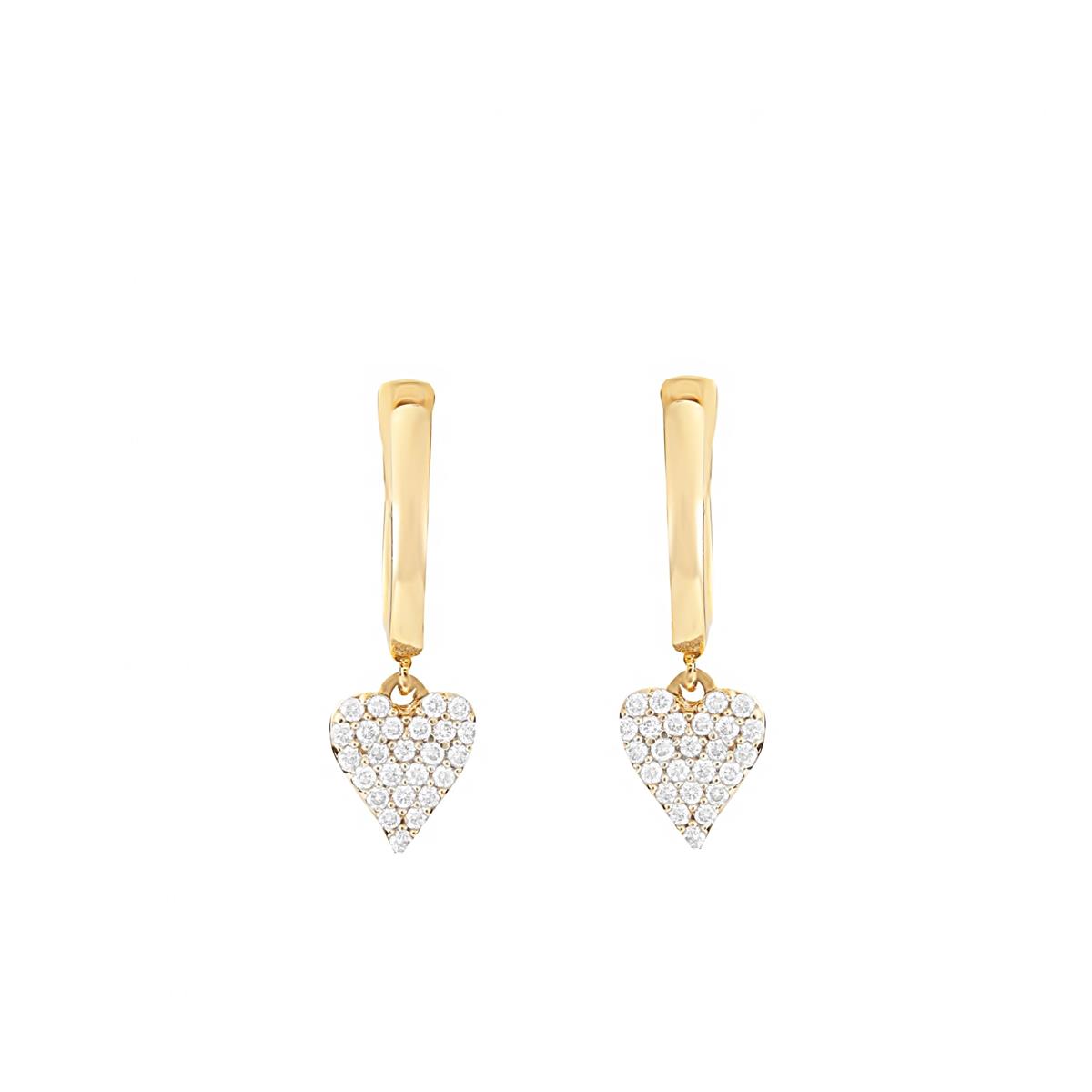 London Collection 14k Yellow Gold Pave Diamond Dangling Heart Huggie Earrings