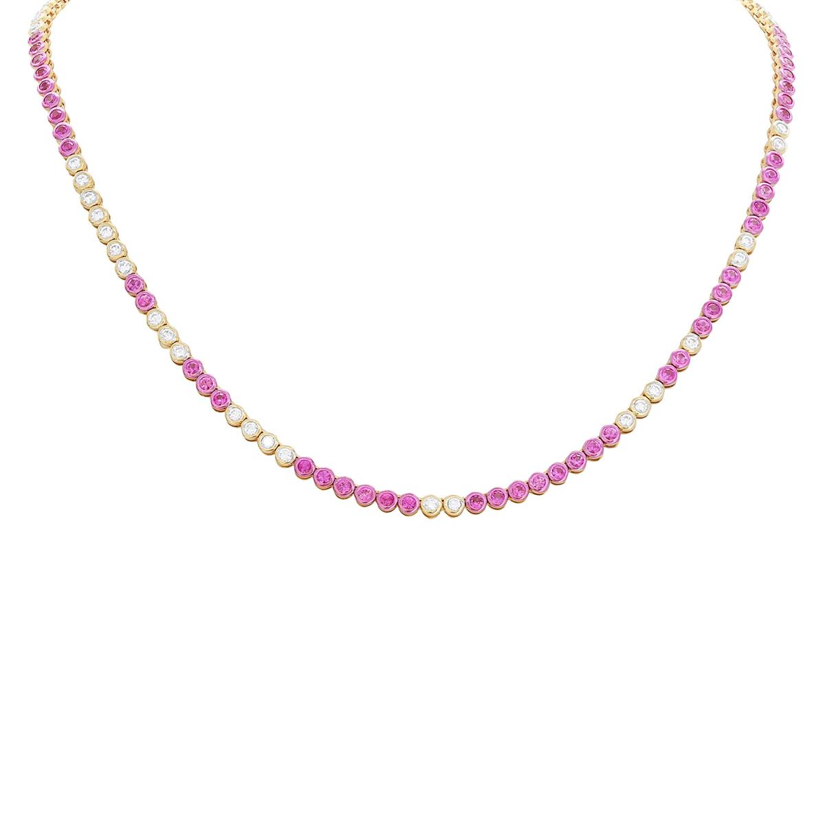 London Collection 14k Yellow Gold Bezel Set Pink Sapphire and Diamond Necklace