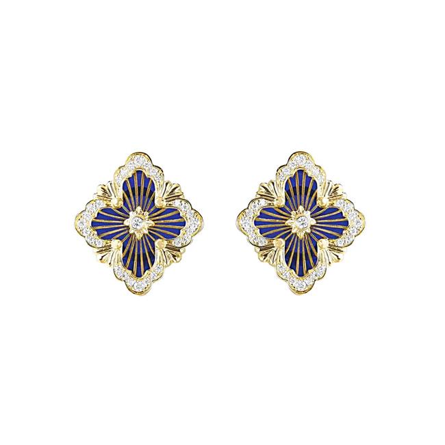 Buccellati Opera Tulle 18k Yellow Gold Blue Enamel Diamond Medium Motif Button Earrings