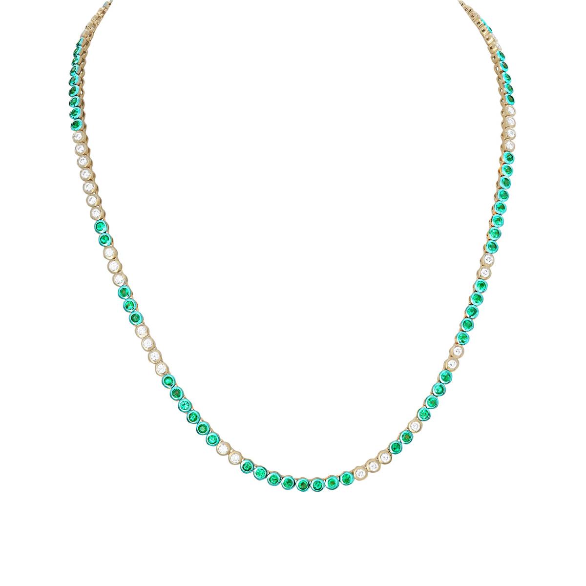 London Collection Two Tone Emerald & Diamond Bezel Set Tennis Necklace