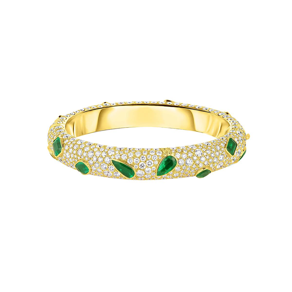 London Collection 18k Yellow Gold Pave Diamond and Mixed Shape Emerald Bangle