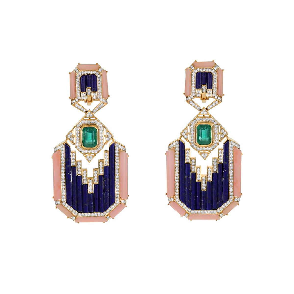 London Collection 18k Yellow Gold Diamond and Gemstone Geometric Drop Earrings