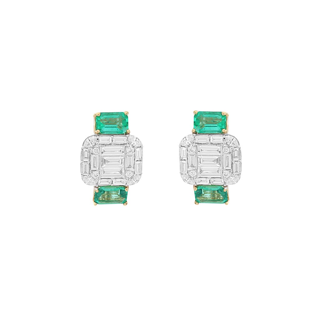 London Collection Yellow Gold Mosaic Diamond and Emerald Earrings