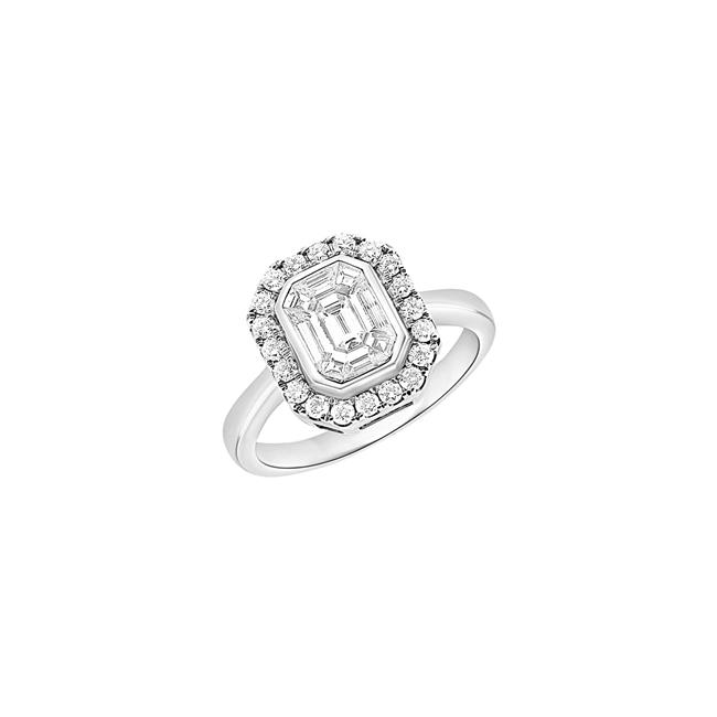 London Collection 14k White Gold Emerald Cut Diamond Halo Ring. 
