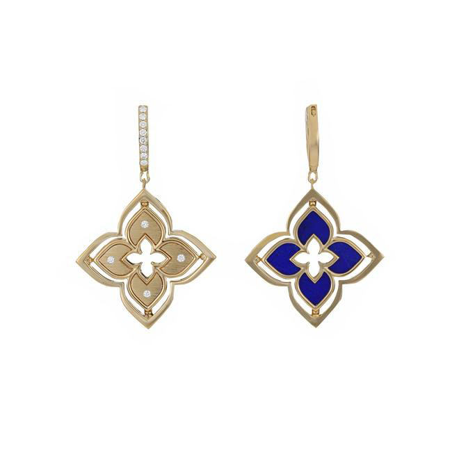 Roberto Coin Venetian Princess Pirouette 18k Yellow Gold Diamond and Lapis Flower Earrings