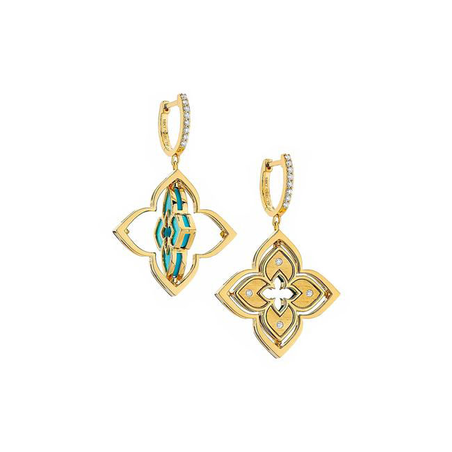 Roberto Coin Venetian Princess Pirouette 18k Yellow Gold Diamond and Turquoise Flower Drop Earrings