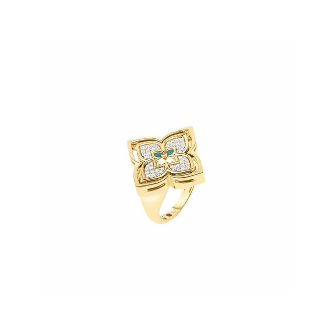Roberto Coin Venetian Princess Pirouette 18k Yellow Gold Diamond And Turquoise Flower Ring