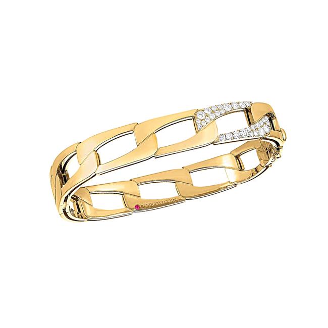 Roberto Coin Navarra 18k Yellow Gold Navarra Wide Link And Diamond Accent Square Bangle