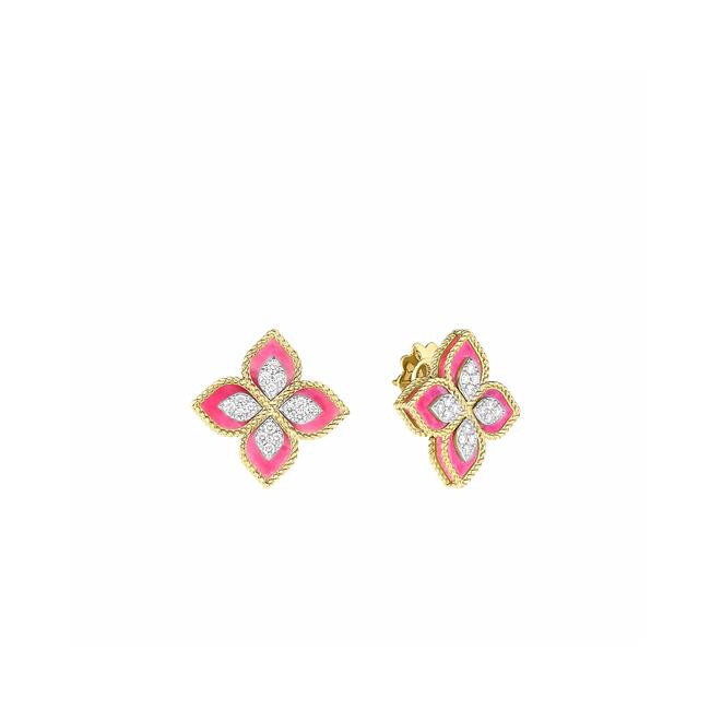 Roberto Coin Venetian Princess 18k Two Tone Diamond and Rhodonite Flower Stud Earrings