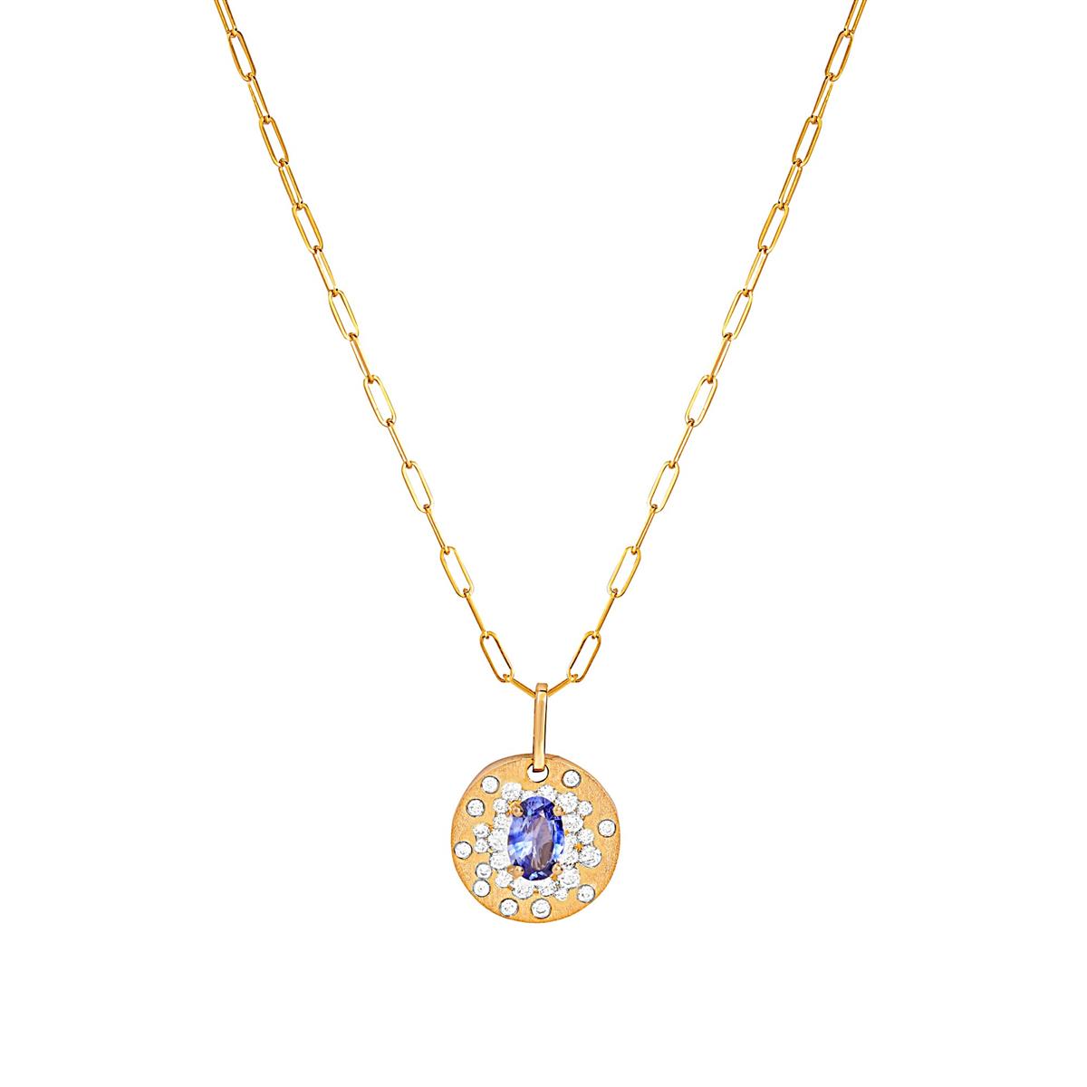 London Collection 14k Gemstone and Scattered Diamond Disc Pendant Necklace