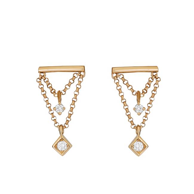 London Collection 14k Yellow Gold Double Diamond Chain Drop Earrings