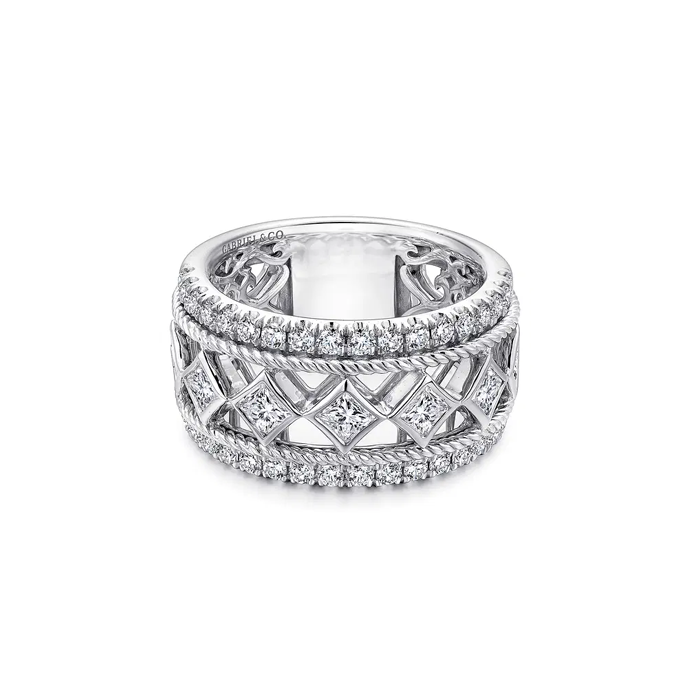 Gabriel & Co 14k White Gold Geometric Princess Cut and Round Diamond Anniversary Band