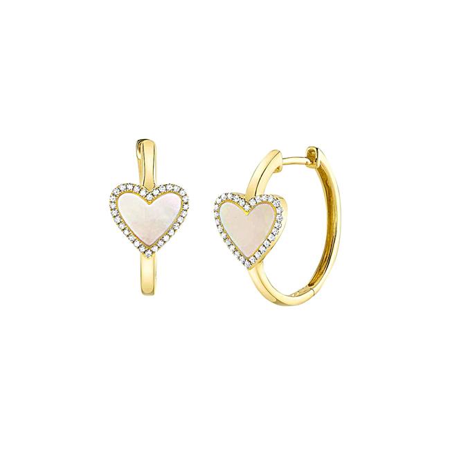 London Collection 14k Yellow Gold Mother of Pearl and Diamond Heart Hoop Earrings