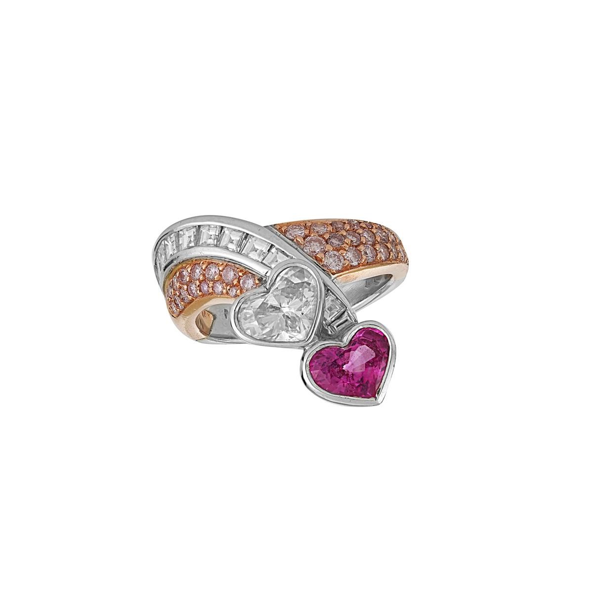 London Collection Two Tone Diamond and Pink Sapphire Double Heart Ring