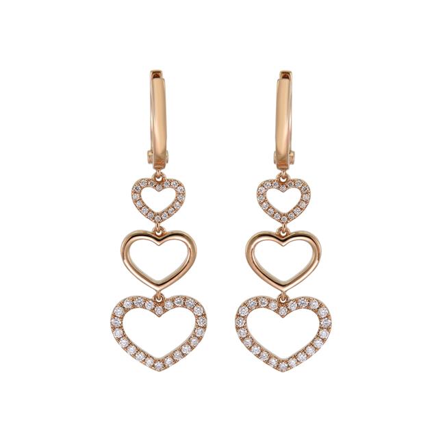 London Collection 18k Rose Gold Pave Diamond 3 Heart Dangle Earrings