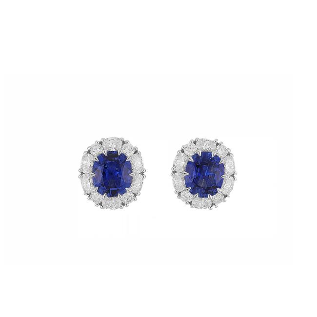 London Collection 18k White Oval Blue Sapphire and Diamond Stud Earrings