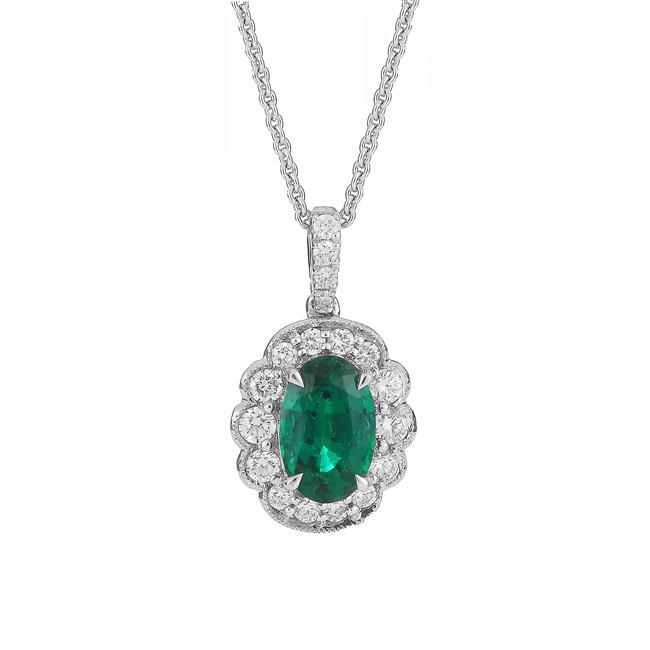 London Collection 18k White Gold Diamond and Emerald Oval Flower Pendant
