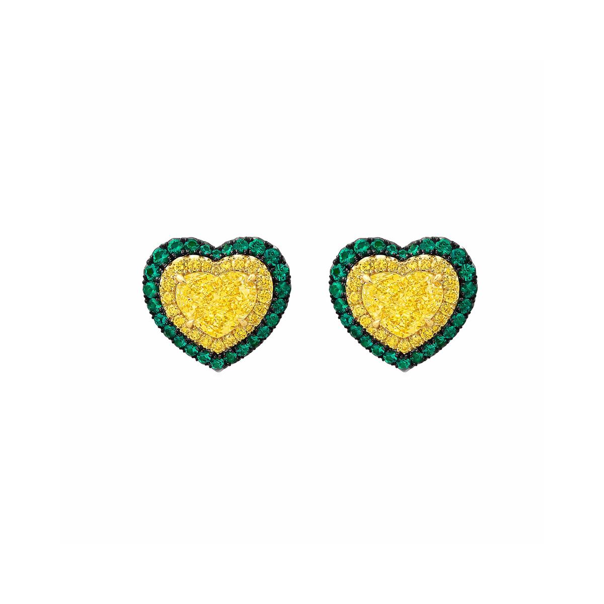 London Collection 18k Yellow Diamond and Emerald Heart Shape Earrings