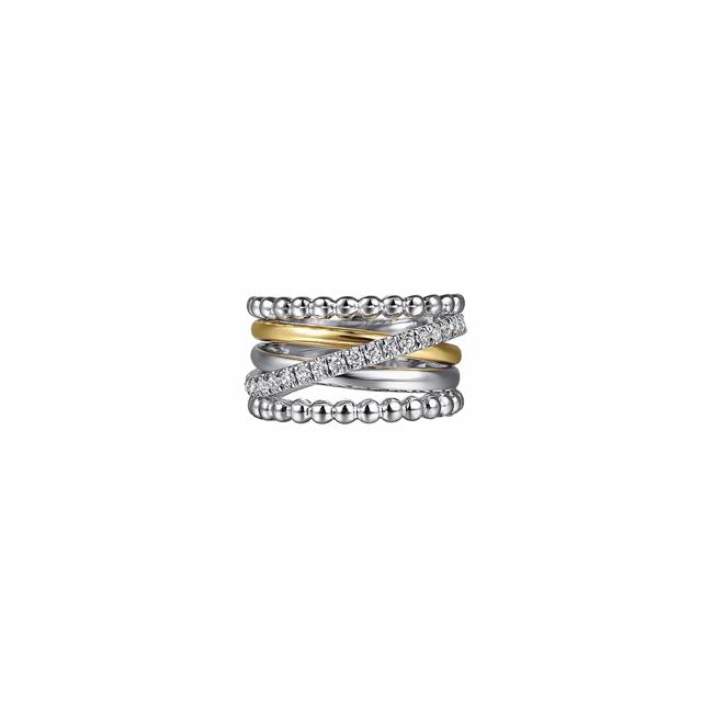 Gabriel & Co Sterling Silver and 14k Yellow Gold White Sapphire Wide Bujukan Ring