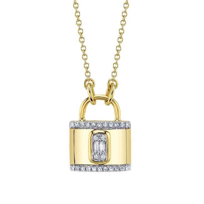 London Collection 14k Yellow Gold Baguette Diamond Lock Necklace