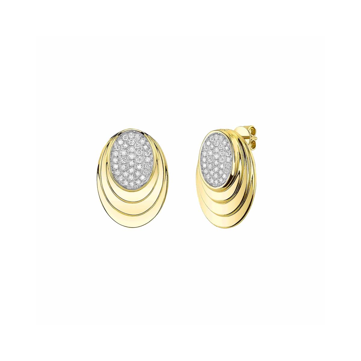 London Collection 14k Yellow Gold Pave Diamond Oval Ripple Stud Earrings