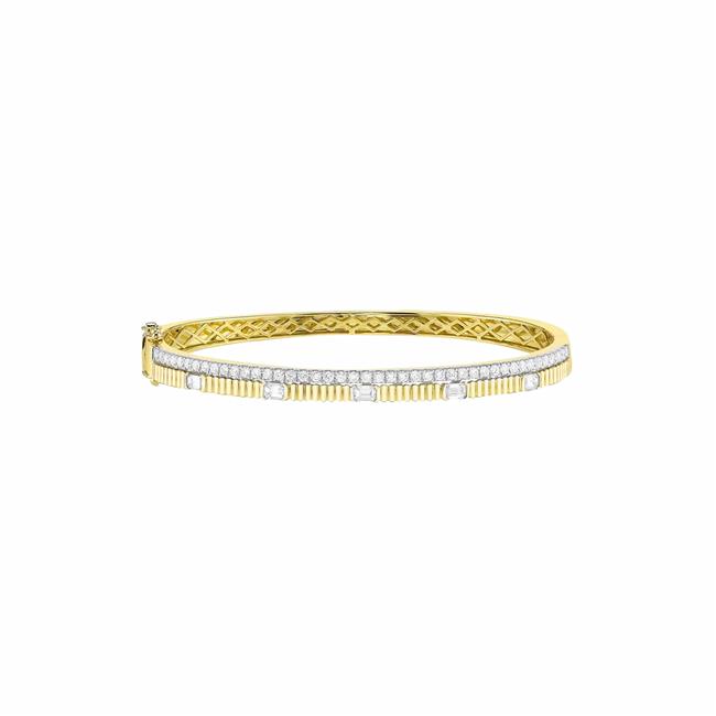 London Collection 14k Yellow Gold Round and Emerald Cut Diamond Bangle Bracelet