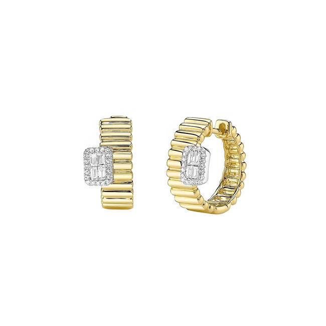 London Collection 14k Two Tone Baguette Diamond Ribbed Hoop Earrings