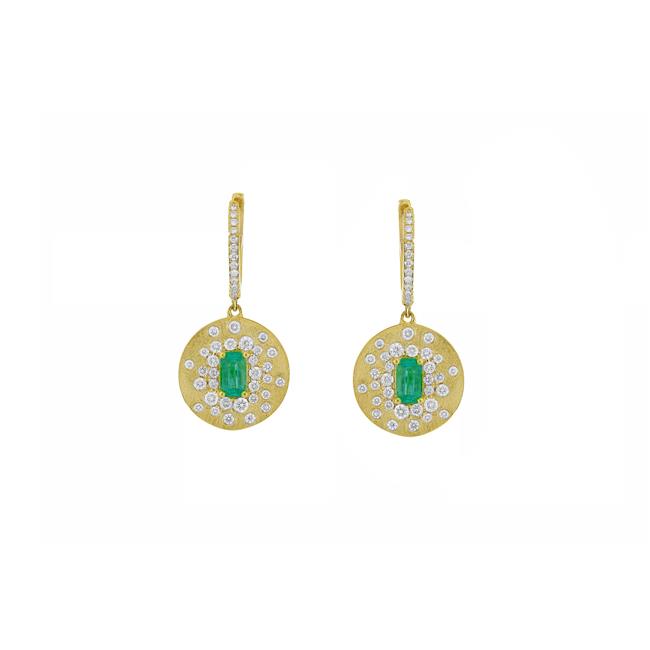 London Collection 14k Yellow Gold Emerald and Diamond Satin Finish Disc Drop Earrings
