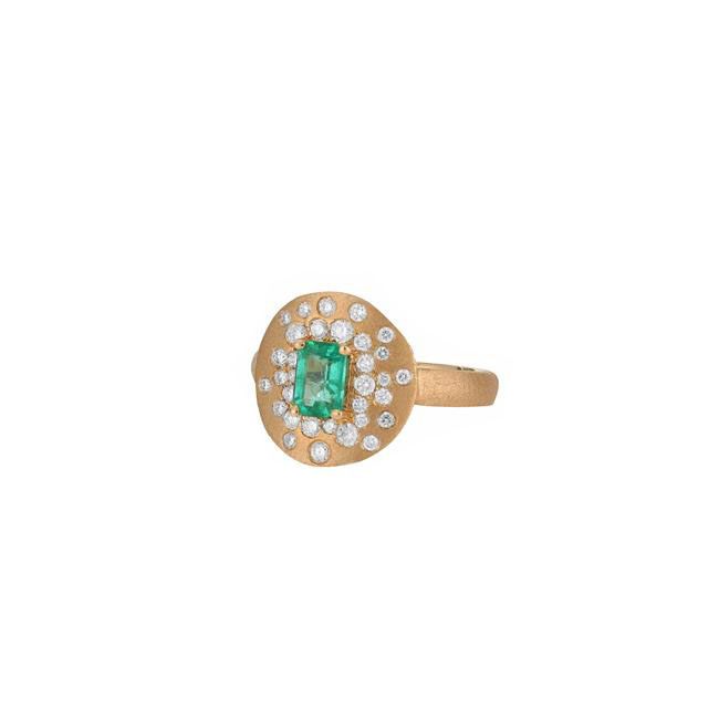London Collection 14k Yellow Gold Emerald and Diamond Satin Finish Disc Ring