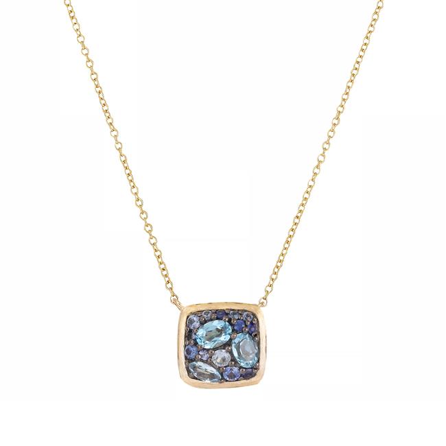London Collection 14k Yellow Gold Blue Sapphire and Blue Topaz Cushion Cluster Pendant