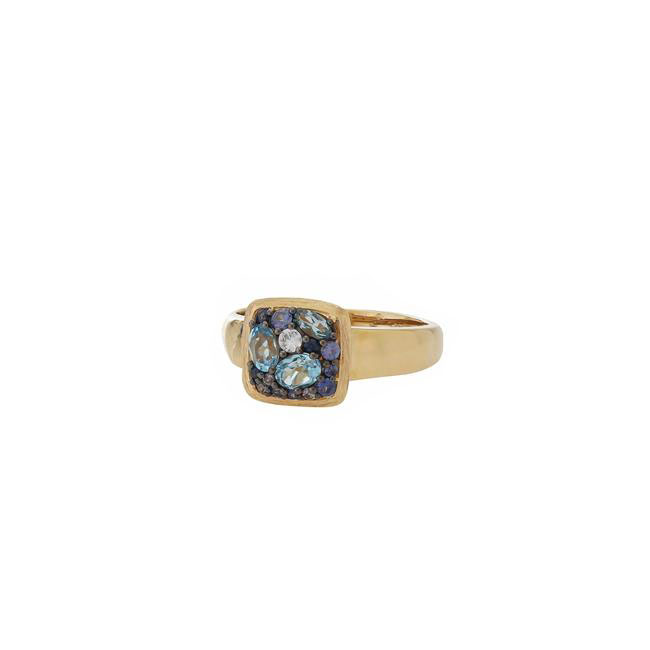 London Collection 14k Yellow Gold Blue Sapphire and Blue Topaz Cushion Cluster Ring