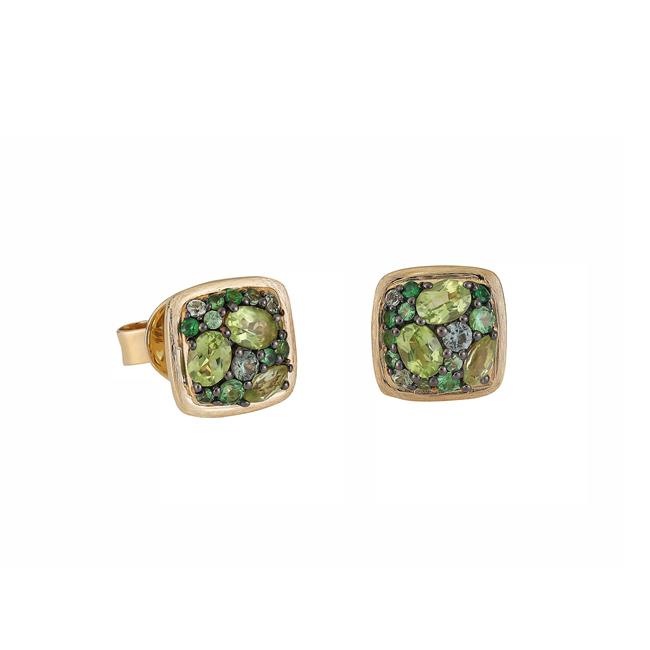 London Collection 14k Yellow Gold Green Sapphire Peridot and Tsavorite Cushion Cluster Earrings