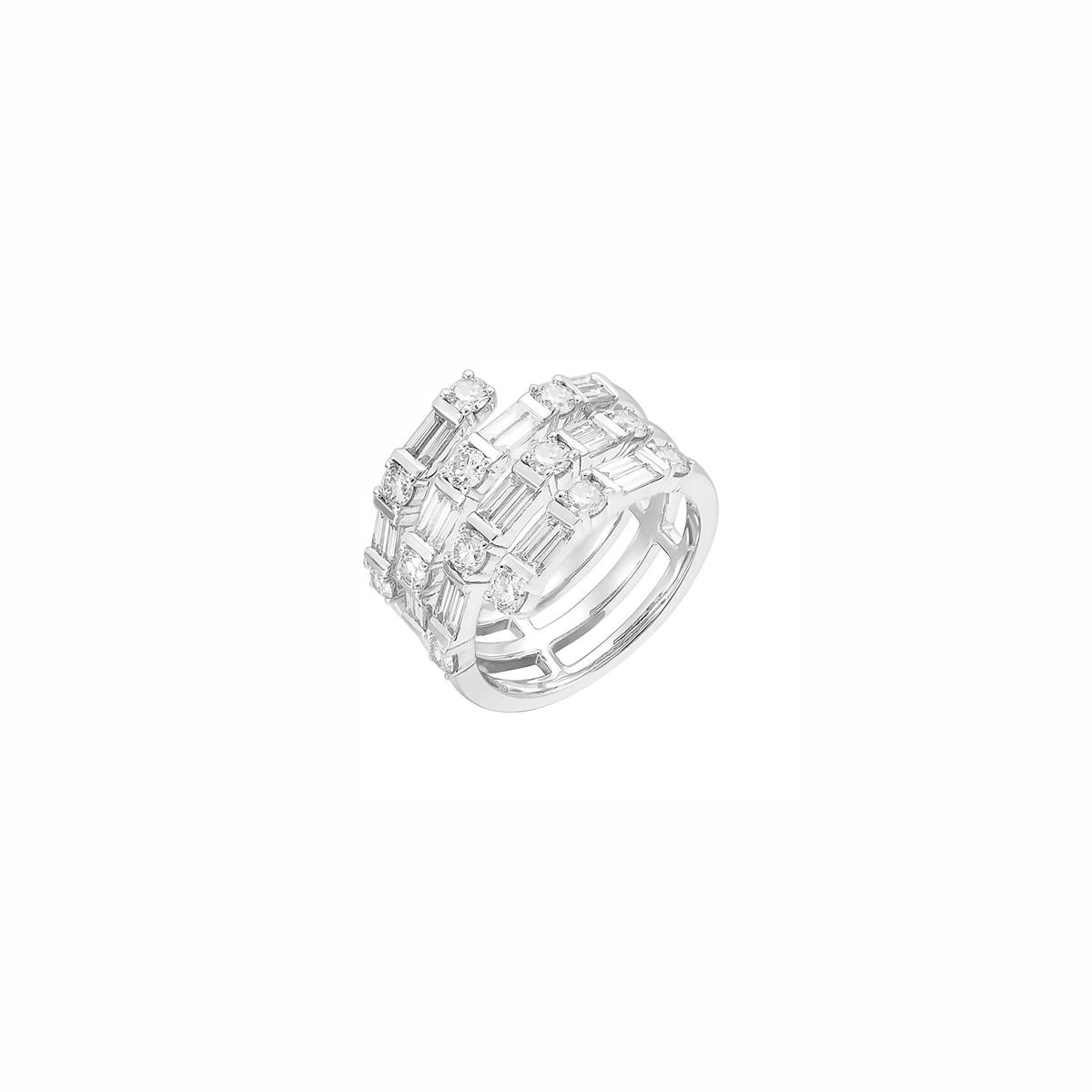 London Collection 18k White Gold 4 Row Round and Baguette Diamond Ring