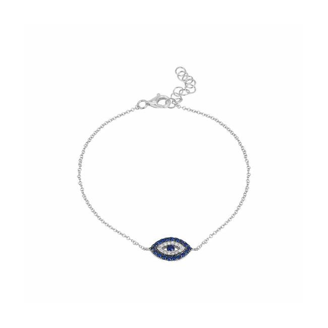 London Collection 14k White Gold Diamond and Blue Sapphire Evil Eye Bracelet