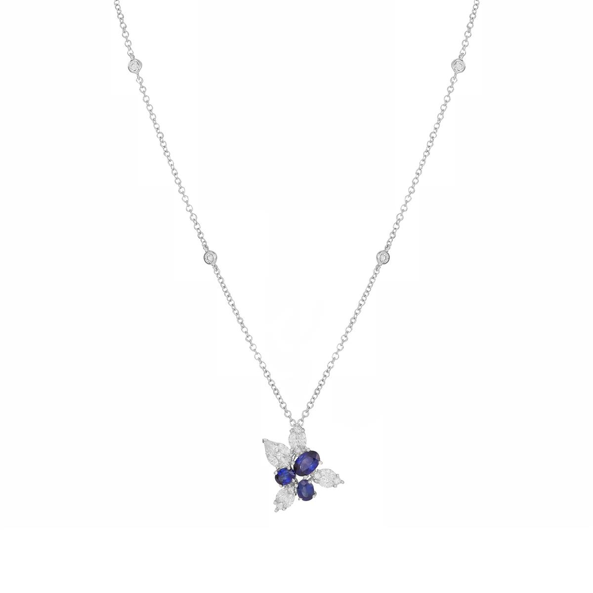 London Collection White Gold Diamond & Sapphire Cluster Station Necklace 