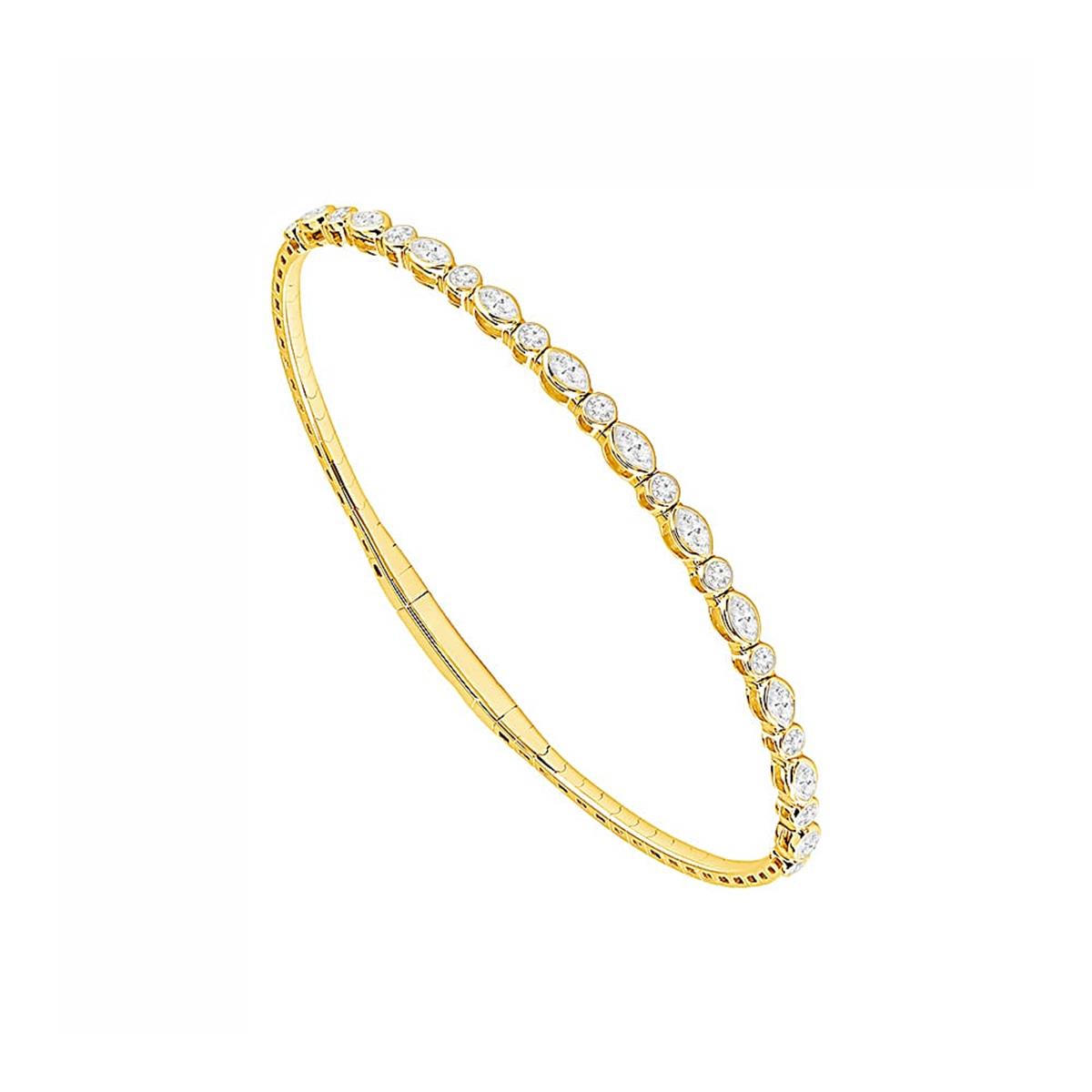 Flexie By London 14k Yellow Gold Bezel Set Round and Marquise Diamond Bangle Bracelet