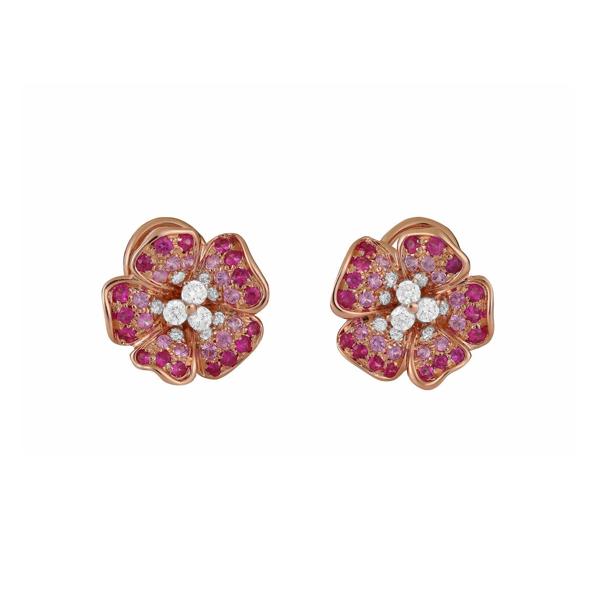 Leo Pizzo 18k Rose Gold Diamond & Pink Sapphire Small Flower Earrings