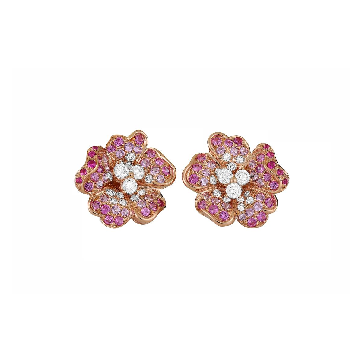 Leo Pizzo Flora 18k Rose Gold Pink Sapphire & Diamond Medium Flower Stud Earrings