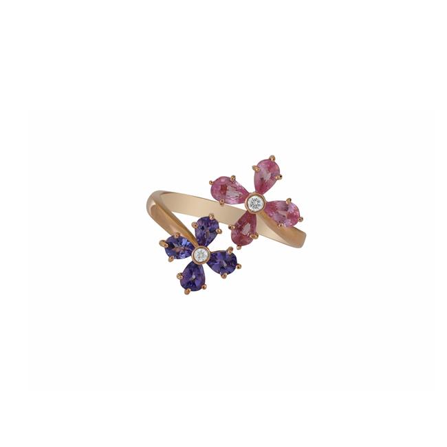 London Collection 14k Yellow Gold Diamond Pink Sapphire And Tanzanite Flower Ring