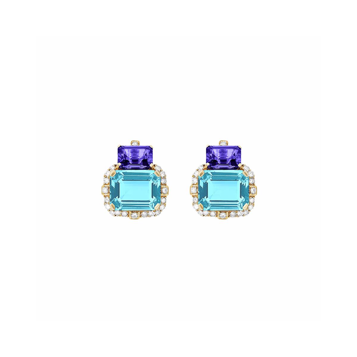 Goshwara Gossip 3 Stone Yellow Gold Tanzanite and Blue Topaz Diamond Earrings