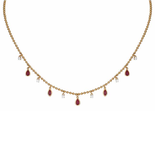London Collection 14k Yellow Gold Ruby and Diamond Ball Chain Necklace